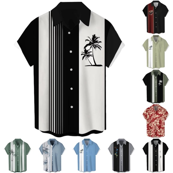 XIAONU Men Tree Stripe Print Shirt Short Sleeve Button Vacation Tops