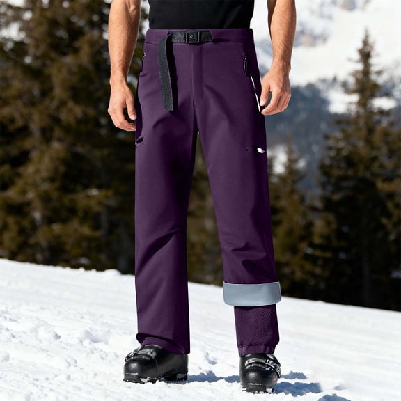 BRGZLK Men's Solid Color 3 in 1 Windproof Waterproof Ski Pants Winter Windbreaker Pants with Detachable Lining Unisex Multi Pocket Zippered Snow Pants Purple M