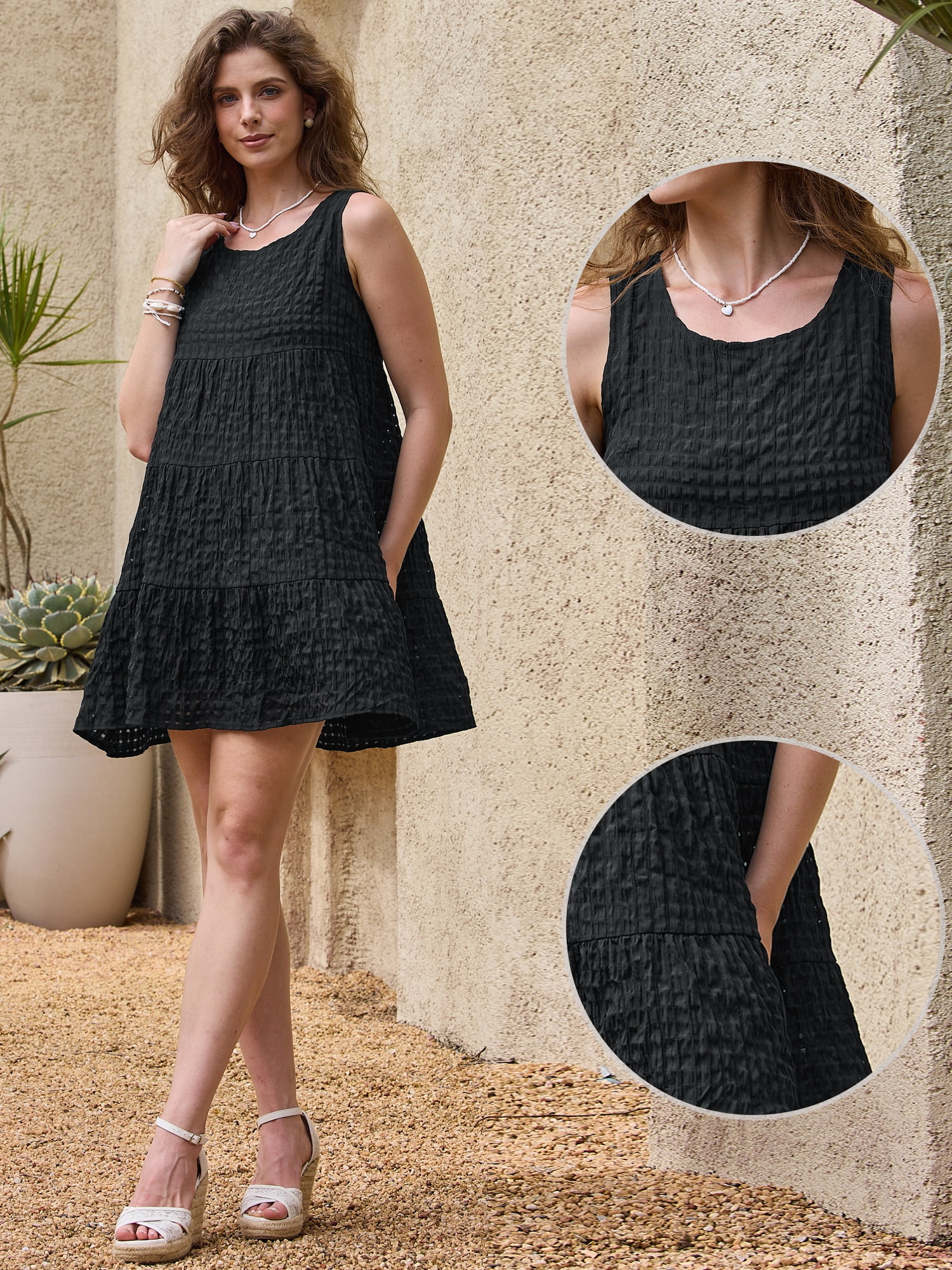 DARING DIVA Women's Gingham Flowy Swing Plaid Tiered Short Dresses 2XL Black