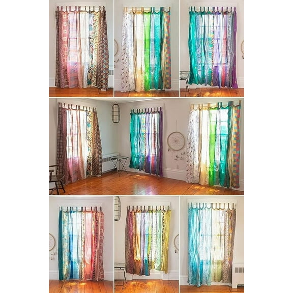 Indian Silk sari Blend Home Decor Patchwork Light Filtering Curtain Door Window Drape Curtains 84” inches (Multi) Panels