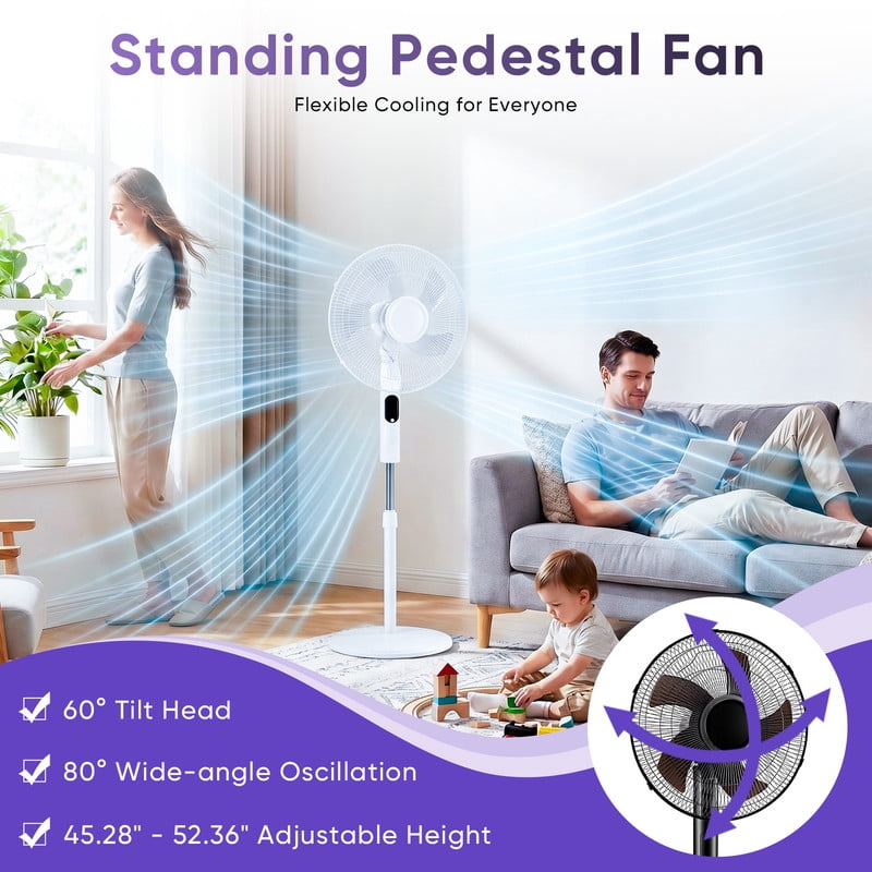 Gianna Quiet Pedestal Fan with Remote, Standing Floor Fan for Bedroom, Home Office - 15H Timer, 3 Speed & 3 Wind Modes, 80°Oscillating, Adjustable Height，White