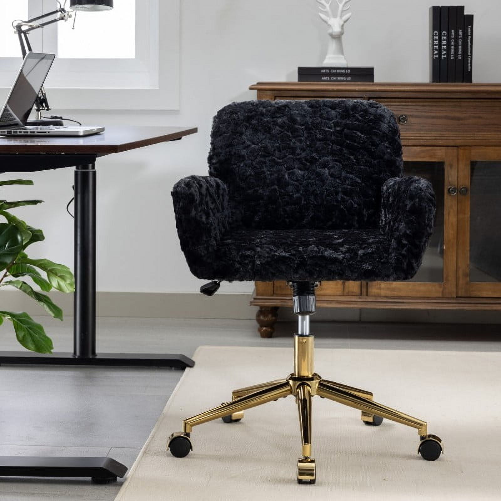 Faux Fur Office Chair for Women & Teens, Adjustable Swivel Desk Chair with Metal Base & Colorful Wheels, 22.5"W x 21.5"D, Ivory Vanity Chair/B