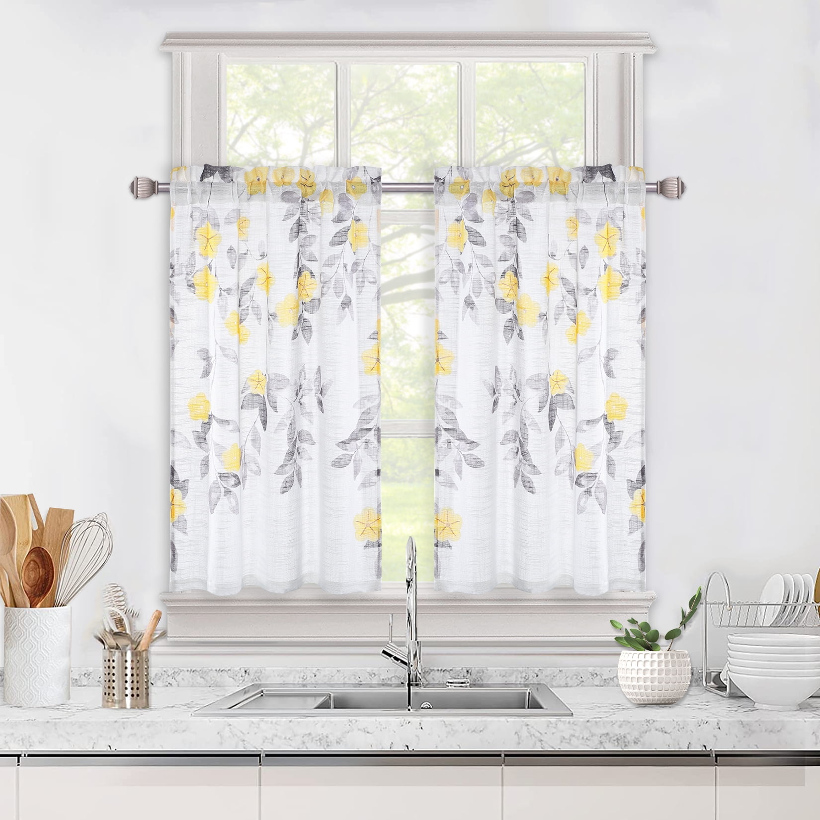 Short Kitchen Curtains Yellow Floral Print Rod Pocket Window Curtains