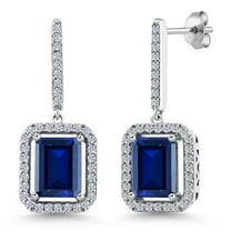 Gem Stone King 925 Sterling Silver Blue Simulated Sapphire Earrings for Women (6.36 Cttw, Emerald Cut 9X7MM)