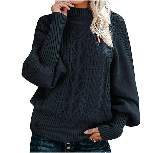 Mrat Winter Sweaters for Women Turtleneck Long Sleeve Knit Sweater Ladies Cuff Sleeve Knitted Pullover Sweaters Solid Color Fall Sweaters Navy L