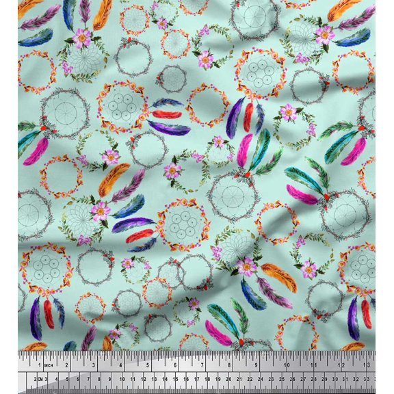 Soimoi Polyester Crepe Fabric Wreath & Dream Catcher Home Decor Print Fabric by Yard 52 Inch Wide