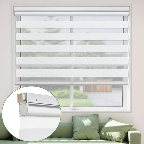 MiLin No Tools No Drill Cordless Zebra Roller Blinds Light Filtering Privacy Protection Zebra Windows Shades Dual Layer Sheer Roller Shades Zebra Blinds for Windows (White, 34 3/4" W x 72" H)