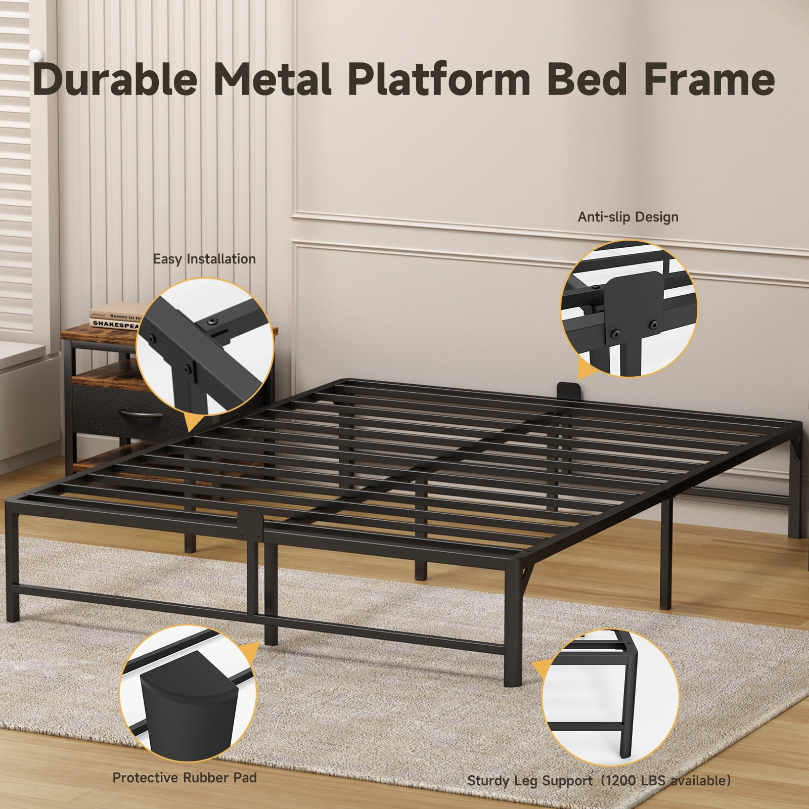 Z-HOM 14“ Queen Bed Frame, Heavy Duty Metal Platform Bed Frame with Under Bed Storage Space, Black