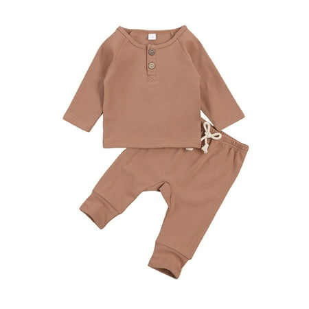 

Carolilly 2 PCS Baby’s Warm Clothing Set New Born Boy Girl Solid Color Long Sleeve Button Top Long Pants with Drawstring Suit