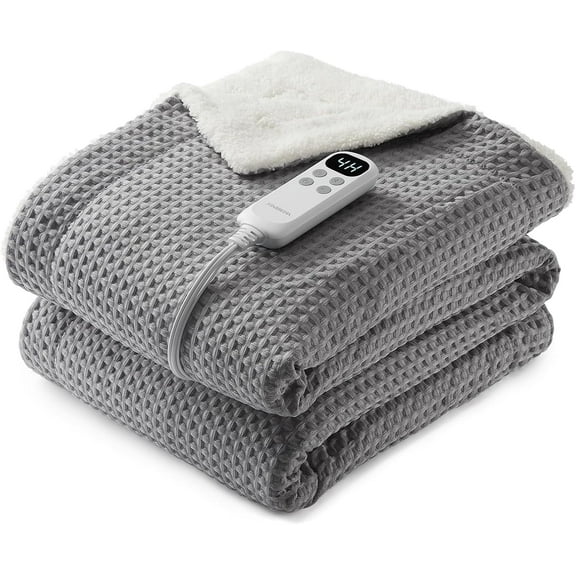IDEALHOUSE 50*60in Grey Electric Blankets, Waffle Sherpa Heated Throw, 6 Heat Levels, Fast Warmth, Machine Washable, 13ft Cord, Tufted Design