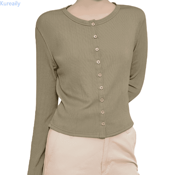 Kureaily Women's Long Sleeve Round Neck Knitted Cardigan Sweater Outerwear