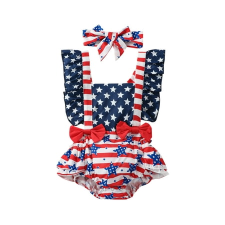 

Baby Girl 4th of July Outfit American Flag Romper 3M 6M 12M 18M 24M Stars Stripes Print Ruffle Sleeve Bodysuit Summer Clothes Set