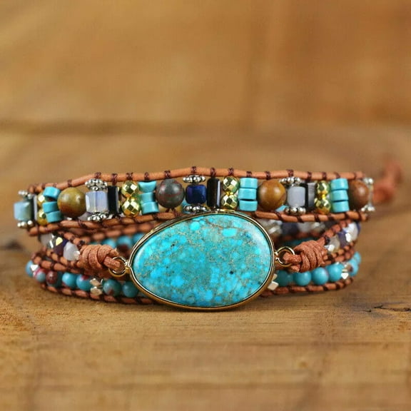 K-KED Turquoise Women Leather Bracelet Natural Wrap Beads Stone Cuff Handmade 3 Rows