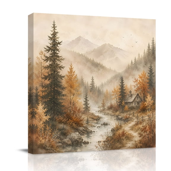 Canvas Wall Art, Fall Forest Framed Canvas Prints for Bathroom Desk, Autumn Vintage Pine Trees Cabins Mountains Small Gallery Wrapped Wall Decor for Home Office, Gifts, 8"x8" Ship Next Day