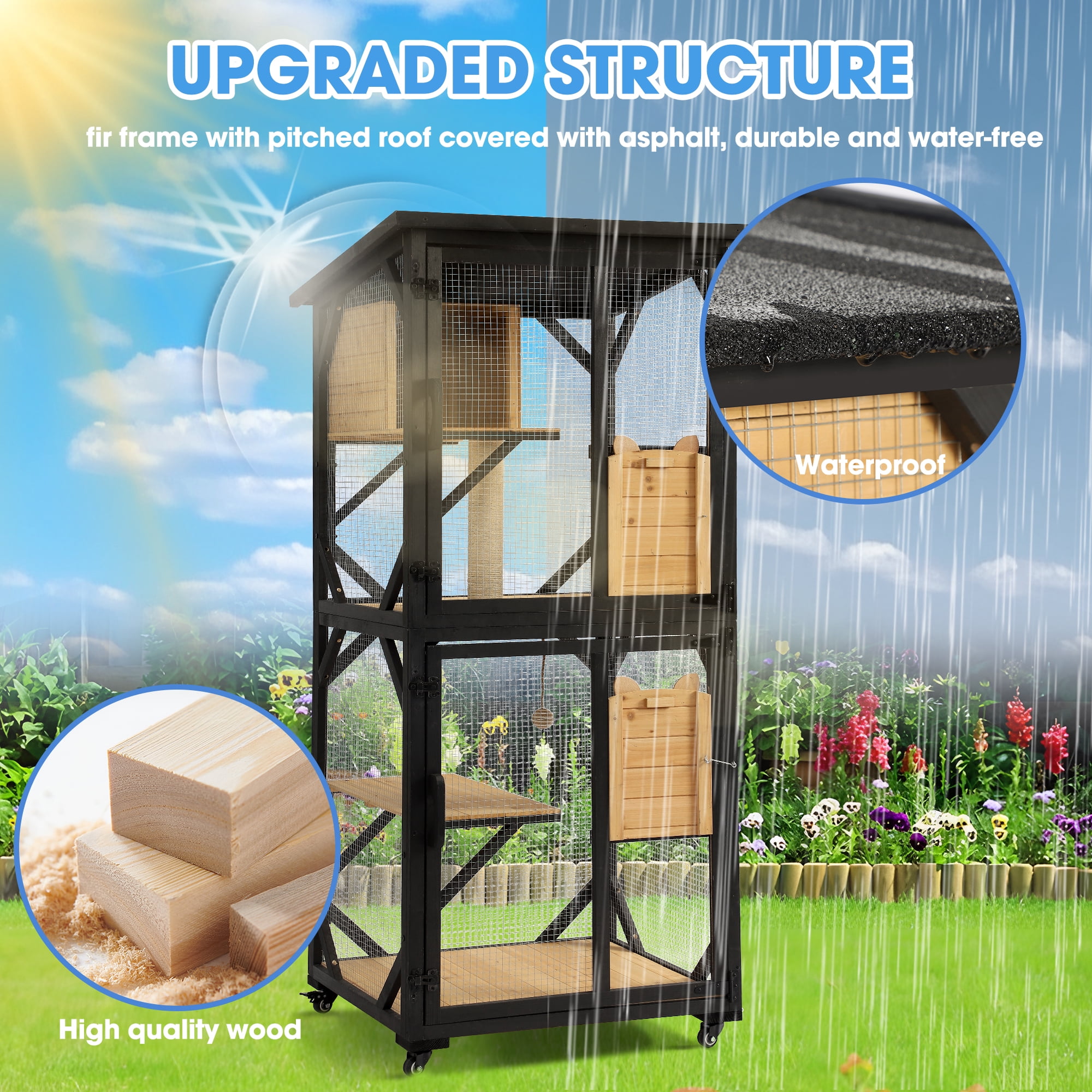 Haverchair Catio Outdoor Cat Enclosure with Scratcher - 4-Tier Large Indoor Wooden Window Catio Cat House W/Asphalt Waterproof Roof, Wheels, Resting Box, Platforms, Cat Toys Ball, Pet Cage Playpen