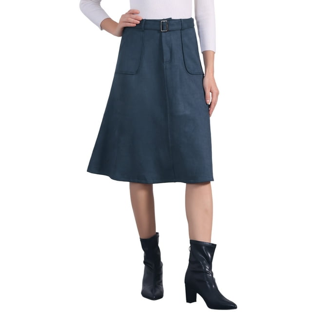 Falda midi A-line de ante sintético elástico para mujer Inspire Chic con bolsillos y cinturón, color azul oscuro