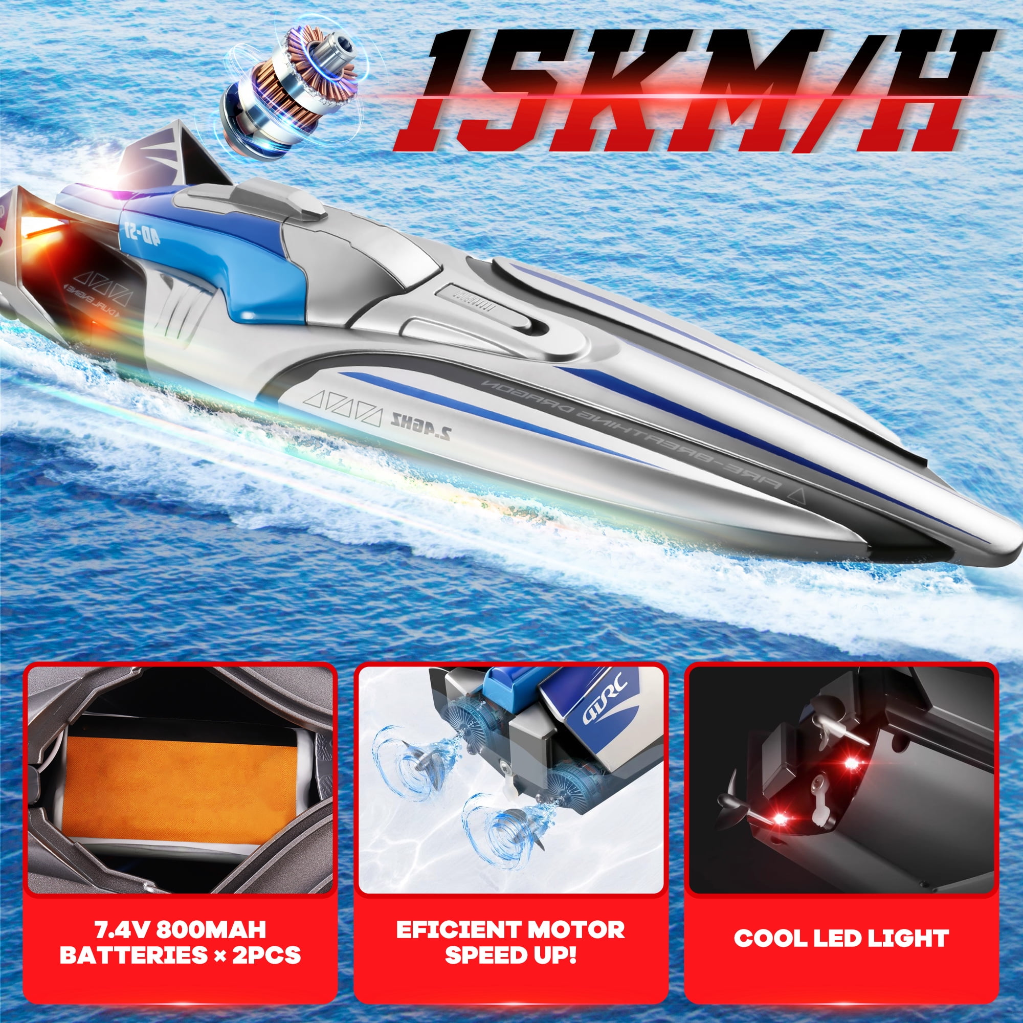 Remote Control Boat, 15KM/H Fast RC Boat with 2 Rechargeable Batteries, Pool Toys Water Toys for Boys & Girls