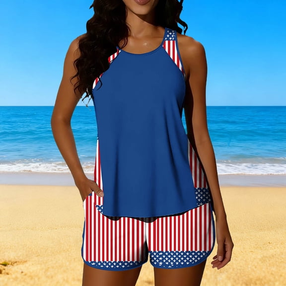 Pounoo Patriotic Two Piece Swimsuits Women American Flag Print Sleeveless Tops High Waisted Shorts Tankini Sets Beach Wear Gift