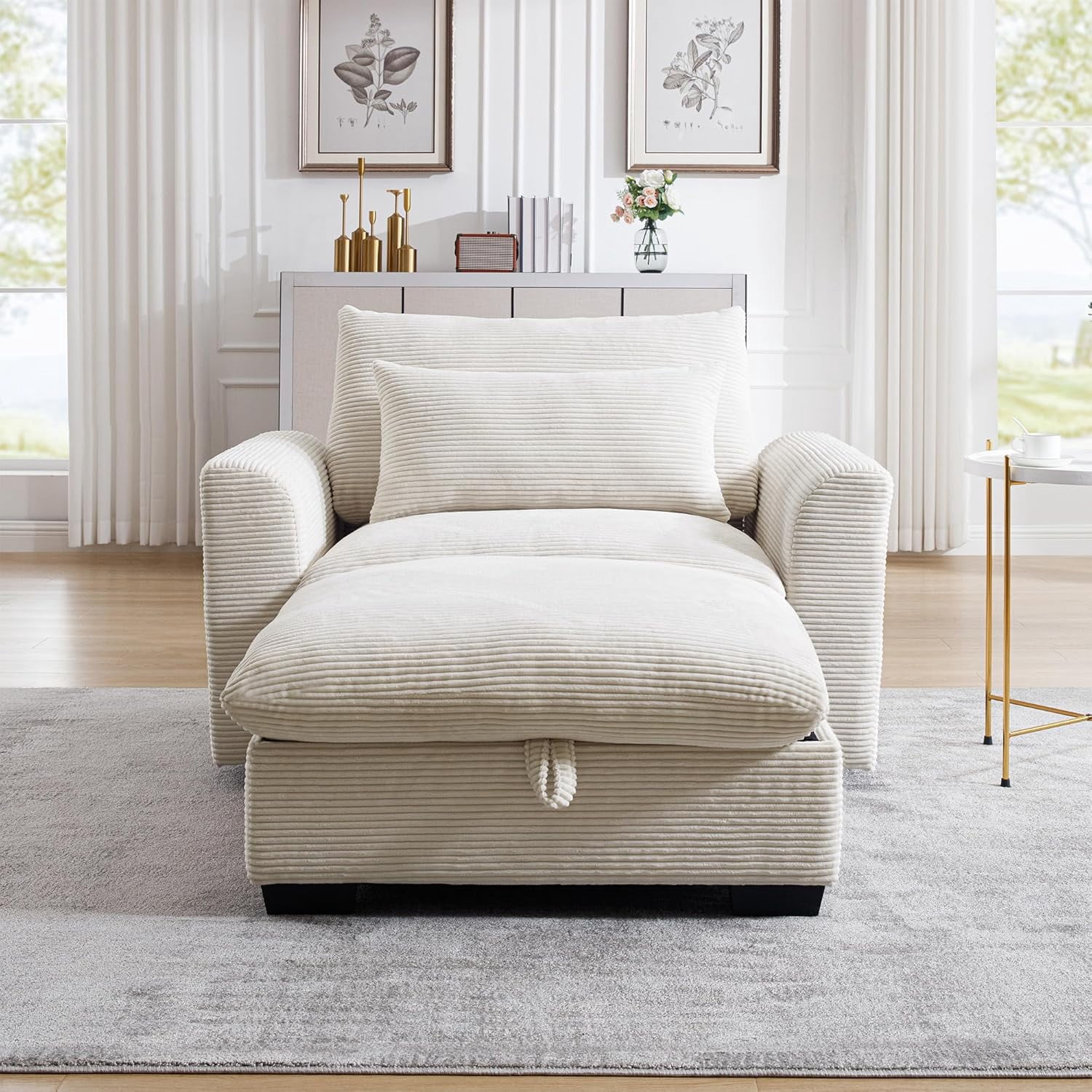 Oversized Accent Chair with Ottoman, 51'' Wide Modern Chair and A Half, Comfy Corduroy Chaise Lounge Chair Indoor, Upholstered Deep Seat Single Sofa Armchair for Living Room Bedroom Apartment, Beige