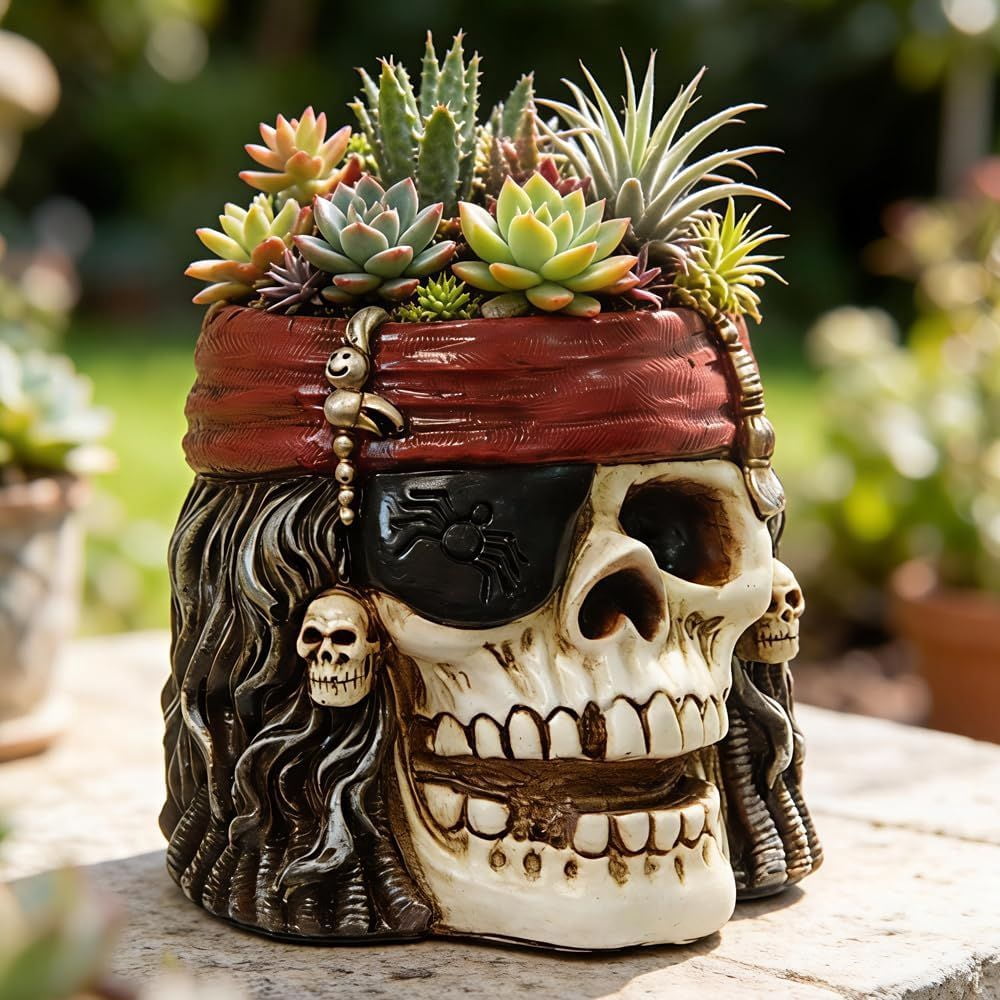 Pirate Skull Planter Flowerpot with Drainage Hole for Gothic Home Decor