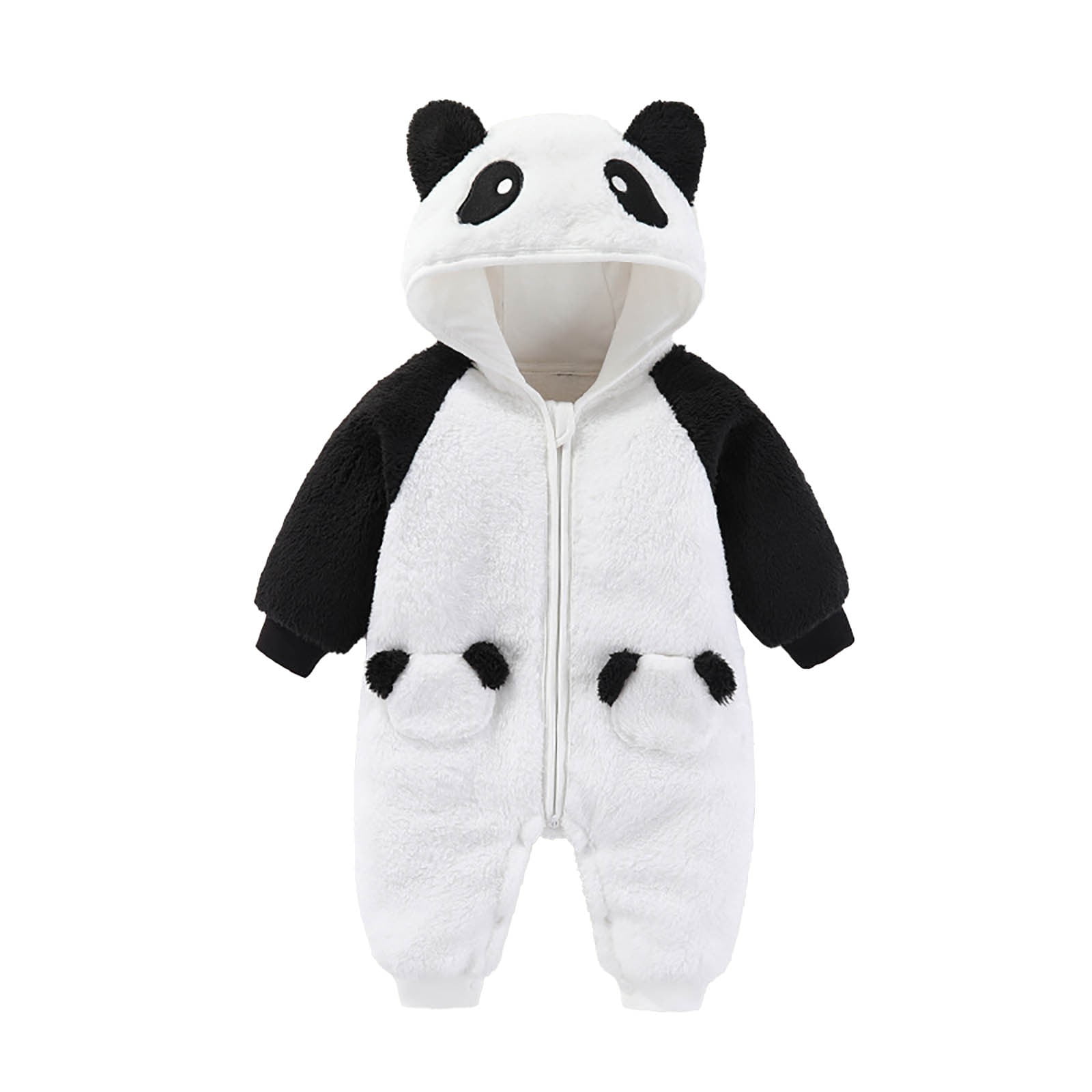 XFHLMJFF Jumpsuits Baby Panda Ainmal Cartoon Outfit Fold Over Mittens Footies Coveralls Girls Boys Solid Color Long Sleeve Winter Warm Hooded Snowsuit One Piece Size 12-18 Months