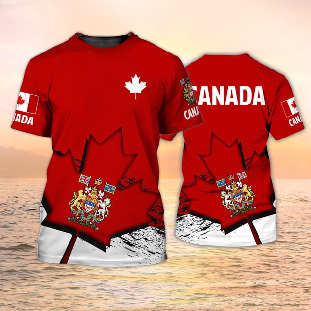 T-shirt Imprimé Drapeau National du Canada pour Hommes Motif Feuilles d'Érable Rouges T-Shirts Confortables Respirants Été Col Rond Manches Courtes