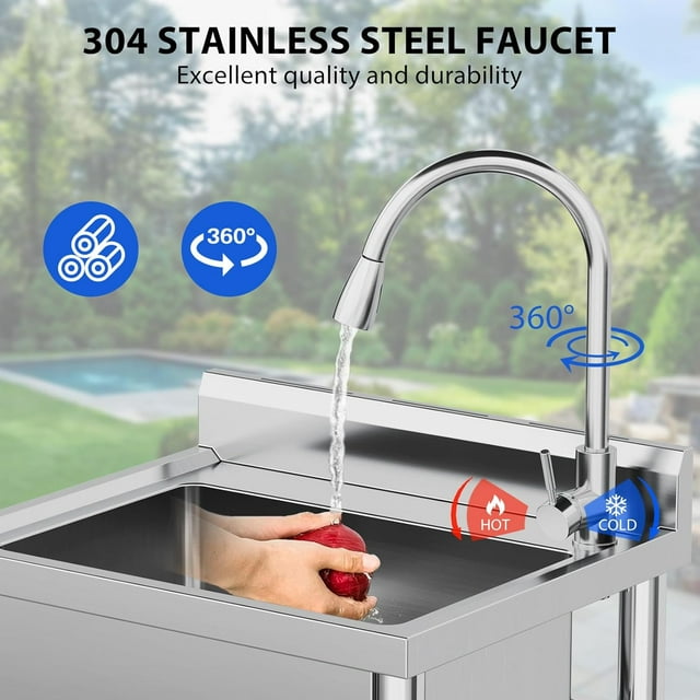 Ourlova 20x20x33 Inch Stainless Steel Sink Freestanding Single Trough Commercial Kitchen Sink Set with Faucet Commercial Single Bowl Kitchen Prep & Utility Sink