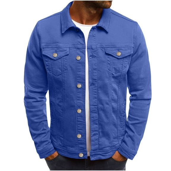 Ecqkame Denim Jacket Men Winter Casual Button Up Long Sleeve Solid Color Vintage Jacket with Pockets Blue M