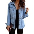 thumbnail image 3 of Women's turn Down Collar Solid Color Casual Denim Jacket with Open Front Daily Wear, 3 of 6