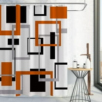 Burnt Orange Shower Curtain, Mid Century Modern Geometric Shower Curtain Set, Abstract Orange Black Grey Square White Backdrop Waterproof Fabric Shower Curtain for Bathroom Decor, 72 x 72