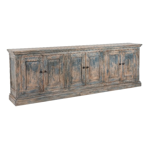 Benjara Miy Sideboard Buffet Cabinet- 6 Door- Antique Blue Pine Wood 106 Inch