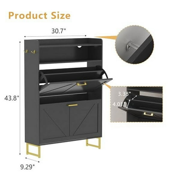 Shoe Cabinet with 2 Flip Drawers, Freestanding Hidden Shoe Storage Organizer for Entryway, Narrow Slim Shoe Rack Cabinet with Open Storage & Hooks for Front Door Entrance, Living R