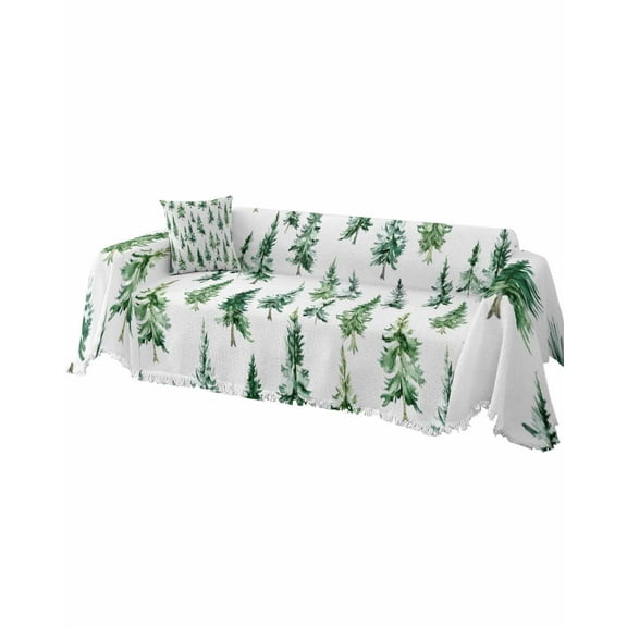 Green Christmas Tree Sofa Covers for 3 Cushion Couch, Washable Sectional & L Shape Couch Covers for Dogs/Cats/Kids, Xmas Tree Watercolor Non Slip Sofa Slipcover Futon Cover 71''x150''