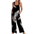 thumbnail image 2 of Gaecuw Womens Jumpsuits Sleeveless Cold Shoulder Overall with Pockets Square Neck Band Collar Feather Print Onesie One Piece Outfits Casual Loose Baggy Long Pants Wide Leg Summer Romper Ankle Length, 2 of 5