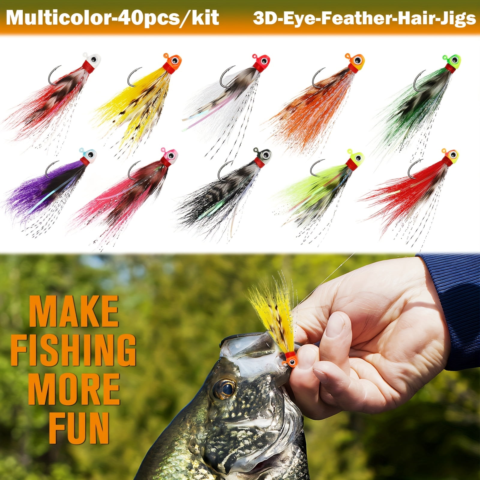 40Pcs 3D Eyes Crappie Jigs, Hand-Tied Hair Bucktail Jig Heads, 10 Mixed Colors 1/32oz 1/16oz 1/8oz Lures for Trout Walleye Panfish Freshwater Fishing