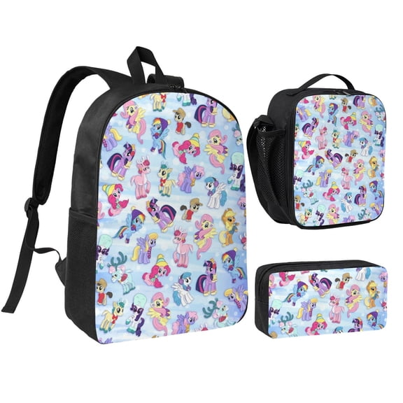 3PCS Casual Daypack My L-ittle Cartoon Pony 17 Inch Backpack Set: Includes A High-Quality Backpack Lunch Bag And Pencil Case For Travel Work Camping