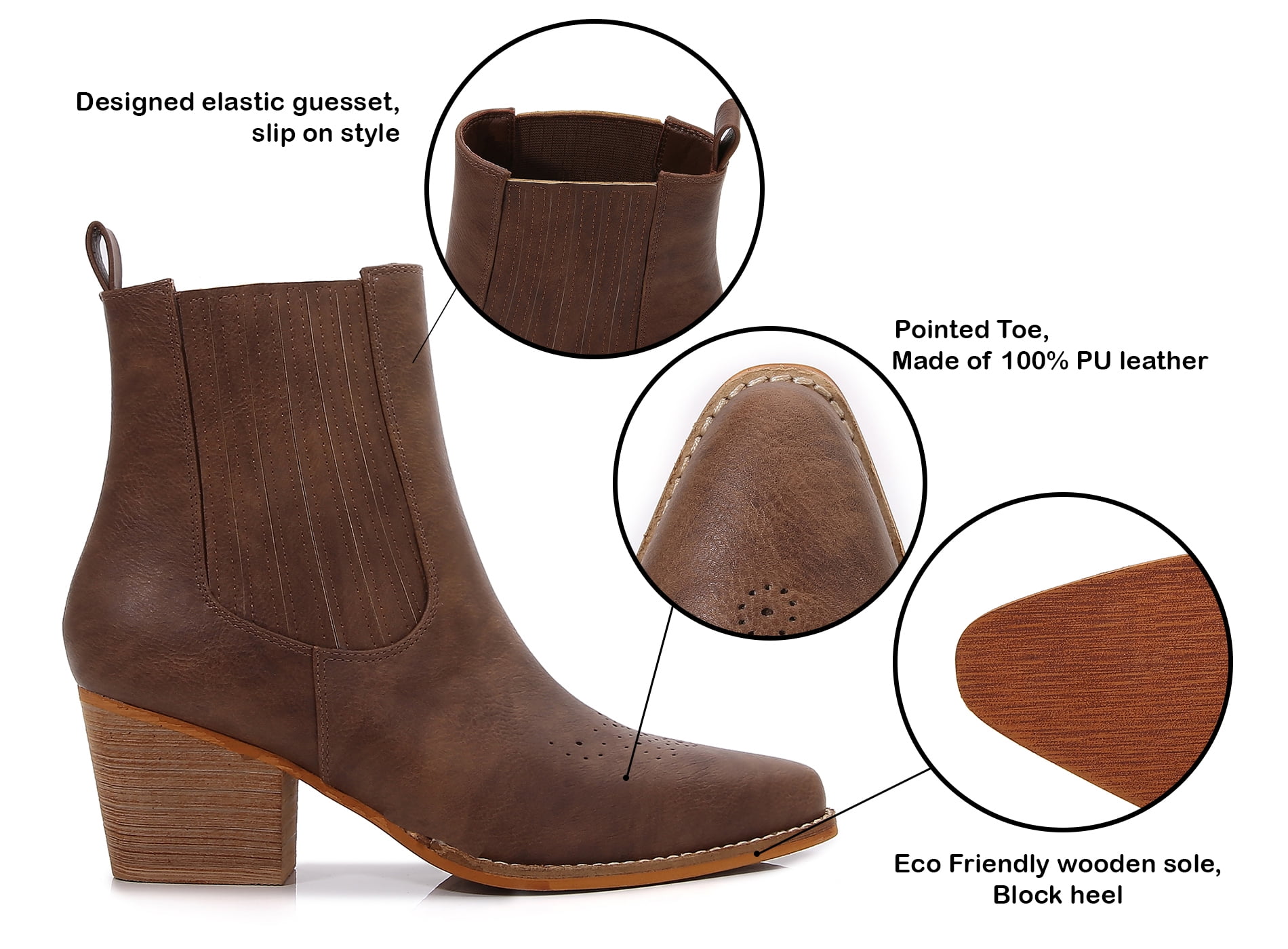 Women PU Leather Perforated Front Stacked Heel Ankle Boots with Elastic Side Gussets (Brown / 10)