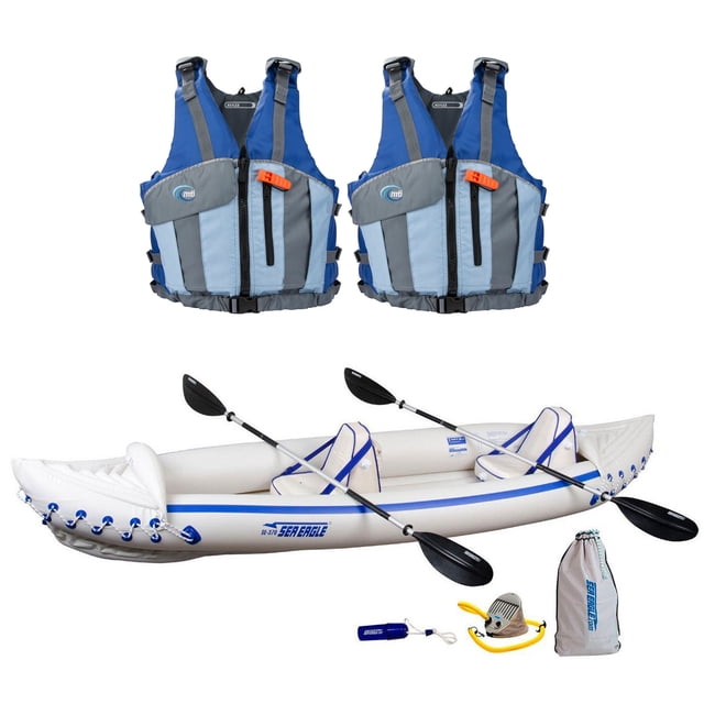 Sea Eagle Pro 3 Person Inflatable Kayak, Paddles, and 2 Reflex Life Jackets, M/L