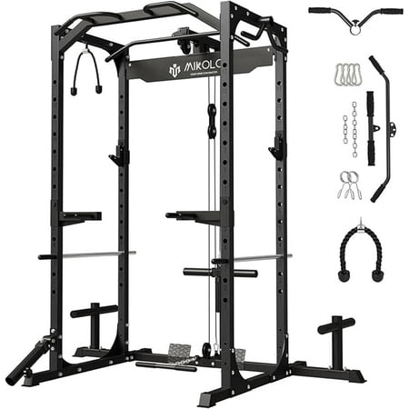 Mikolo Power Cage, Power Rack with LAT Pulldown, 1200 Pounds Capacity Workout Cage with More Training Attachments