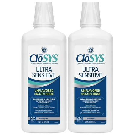 CloSYS Ultra Sensitive Mouthwash, Unflavored Alcohol Free, Dye Free, pH Balanced, Helps Soothe Entire Mouth – 32 Oz (Pack of 2)