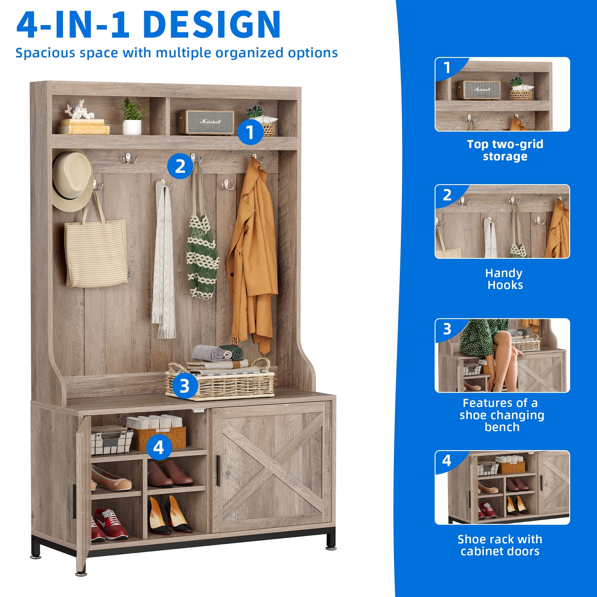 Uforic 4-in-1 Coat Rack with 14 Hooks, Farmhouse Hall Tree with Storage Bench, Shoe Cabinet for Hallway, Living Room, Rustic Oak