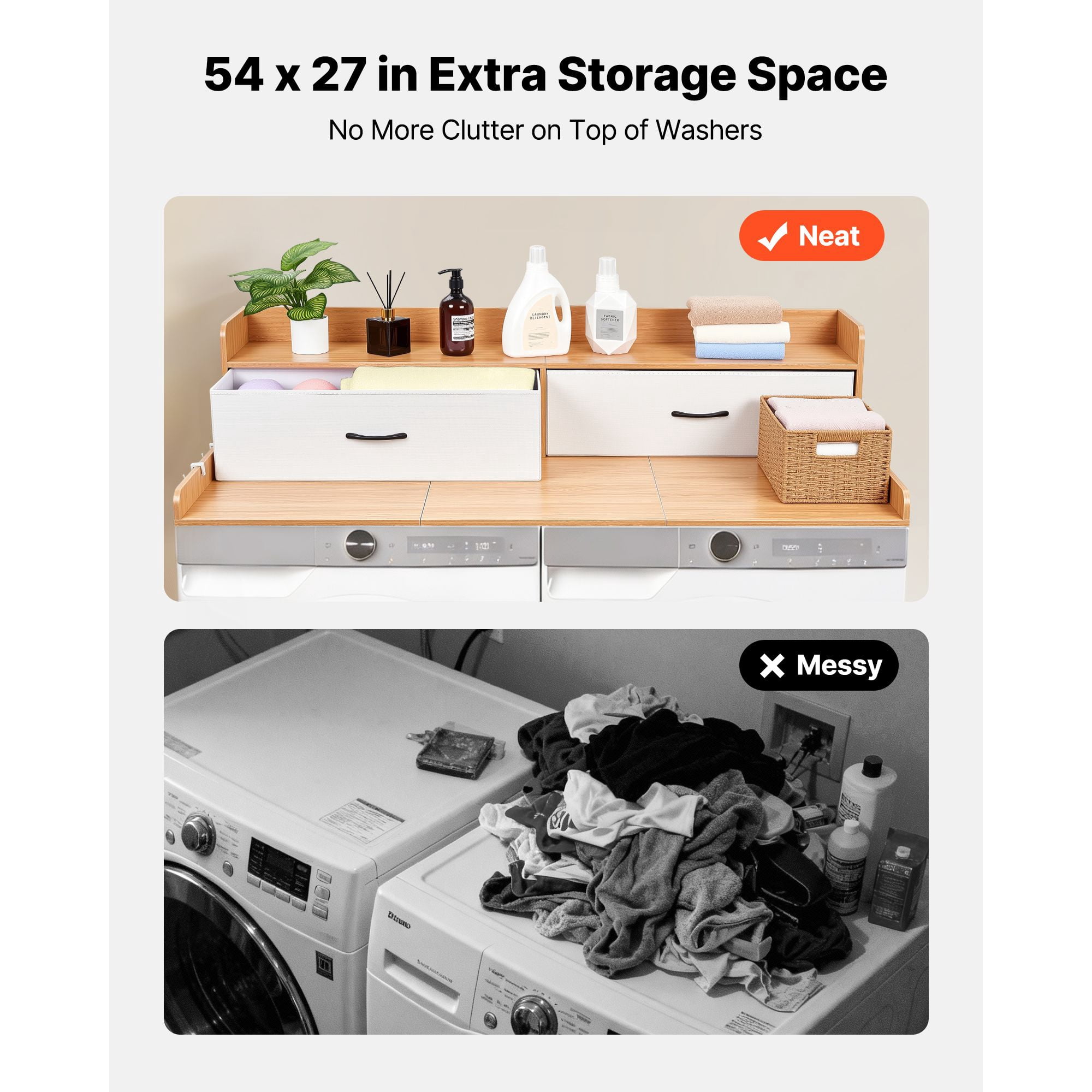 Wooden Washer Dryer Countertop 54x27.5" w/ Shelf, 2 Drawers & 2 Hooks, Laundry Topper for Storage & Organization, light brown