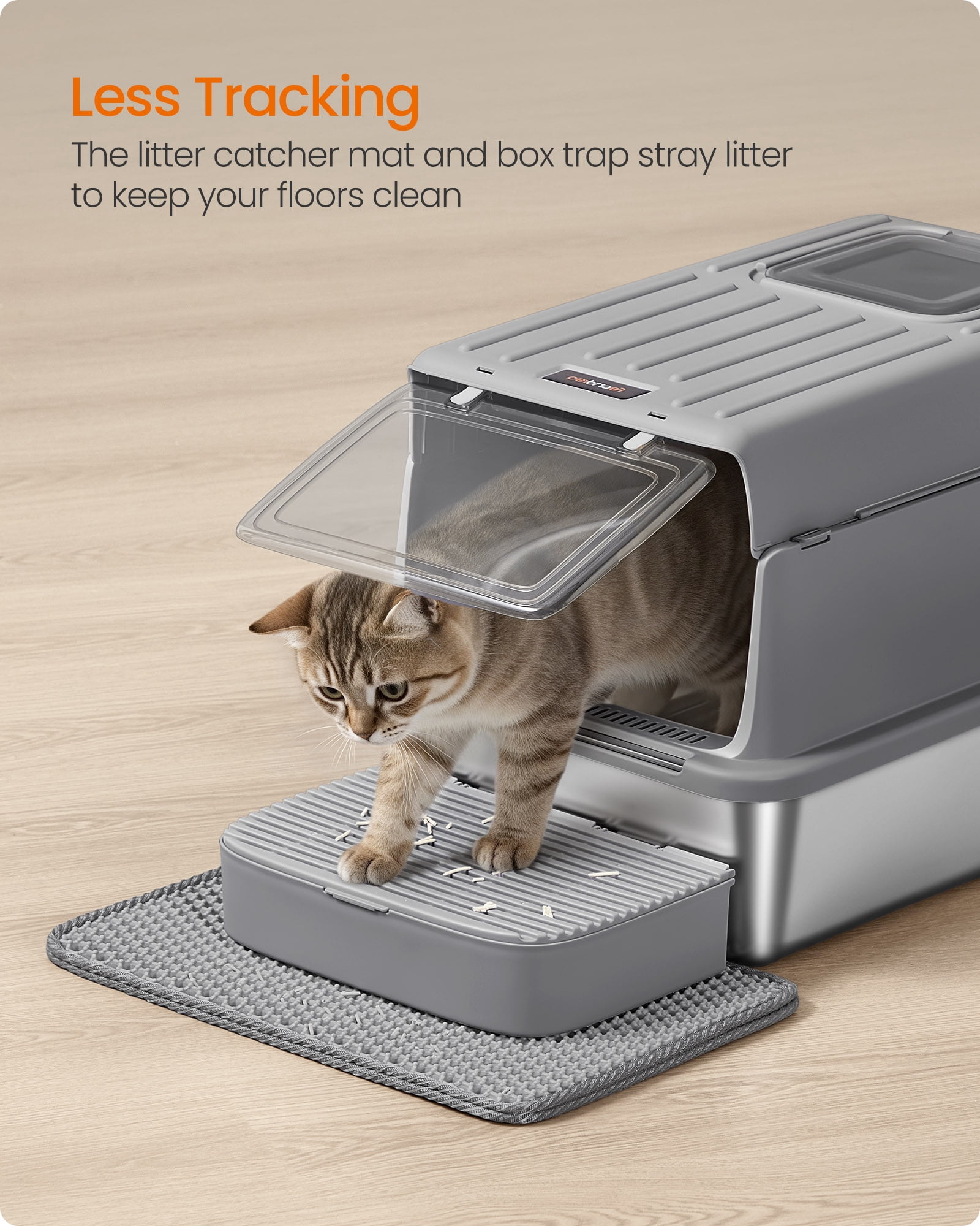 Stainless Steel Cat Litter Box with Flip Lid, 23.6 Inch Enclosed Litter Box with 2 Doors and Leak-Proof Design, Dove Gray