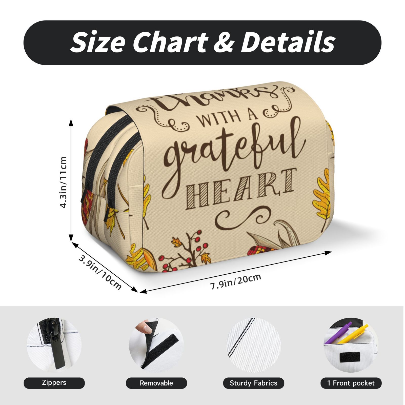 Rateoe Thanksgiving With A Grateful Heart Pattern Double Clamshell Pen Case, Storage Organizer with Two Zipper Compartments– Holds Up to 50 Pencils & Pens