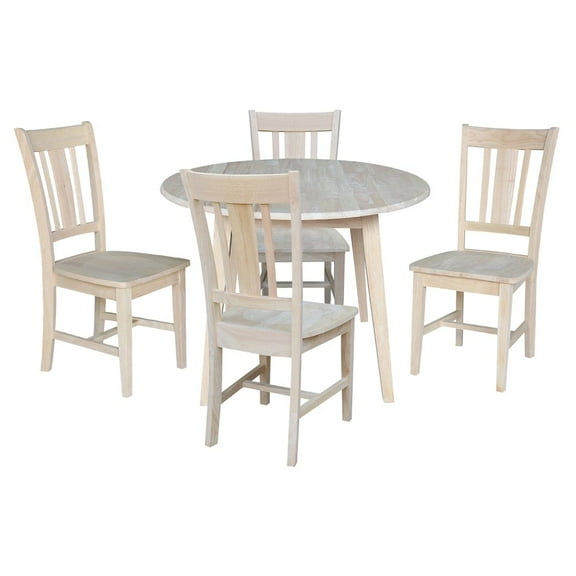 42" Round Solid Wood Dual Drop Leaf Table with 4 Chairs in Unfinished