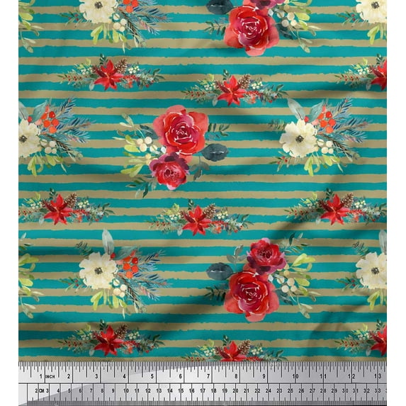 Soimoi Green polyester Crepe Fabric Leaves,Stripe & Red Flower Stripe Printed Fabric 1 Yard 42 Inch Wide