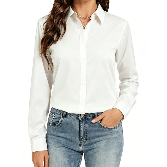 Long Sleeve Cotton Button Up Shirts for Women Wrinkle Free Formal Dressy Shirt Classical White Shirt