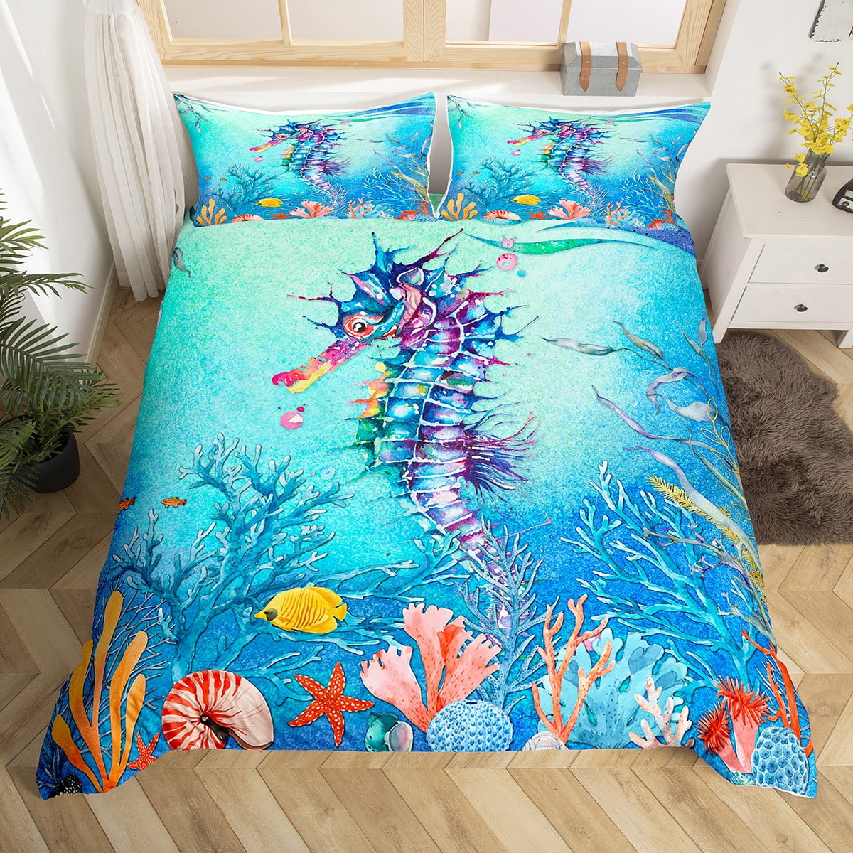 YST Seahorse Bedding Set, 3D Seahorse Printed Duvet Cover, Teal Ocean Animals Bed Sets, Colorful