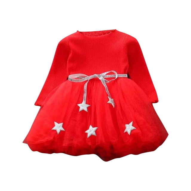 MeetoTime Robe Automne Hiver pour Filles Manches Longues Col Rond Étoile Robe Princesse 3-8 Ans Vêtements Bébé