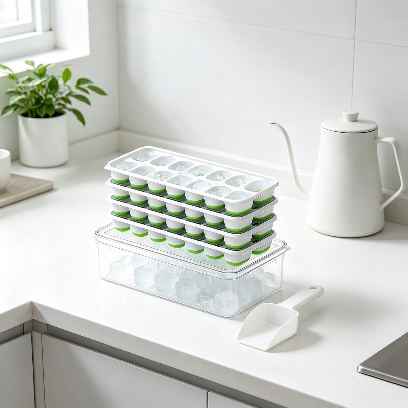 COM1950s Ice Tray Set with Storage Bin, Stackable Ice Tray with Lid and Container, Home Ice Maker Kit with Scoop, Freezer Ice Mold for Kitchen, Summer Portable Ice Box for Drinks